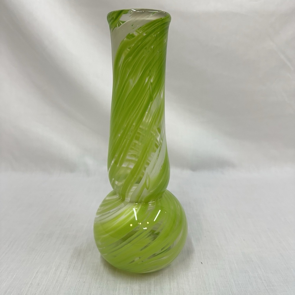 Hand blown glass Heritage Vase Green White‎ Clear MCM